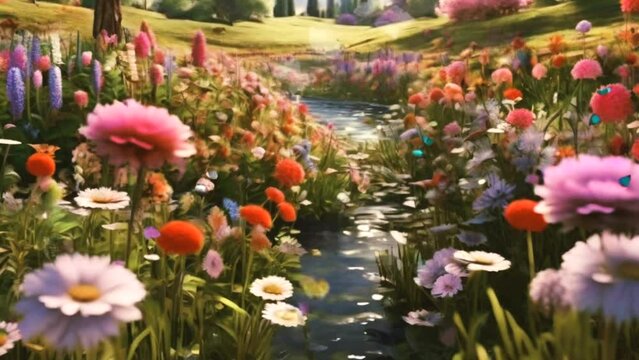 realistic 3d illustration of flowers in the garden. seamless looping visual video animation background
