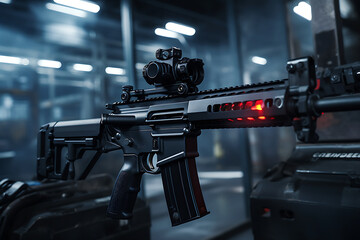 Modern automatic assault rifle on a dark background. Selective focus. - obrazy, fototapety, plakaty