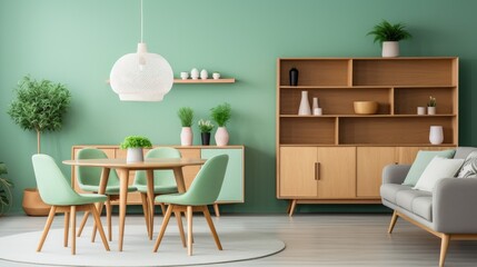 Mint color chairs at round wooden dining table in room with sofa and cabinet near green wall