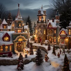 Christmas decorations in the form of a fairy tale. Christmas trees and houses in the snow.