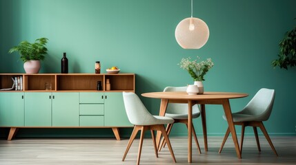Mint color chairs at round wooden dining table in room with sofa and cabinet near green wall - obrazy, fototapety, plakaty