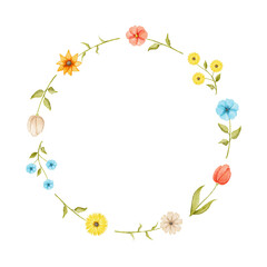 Round floral frame with meadow bright flowers isolated on white background. Watercolor hand drawn illustration sketch