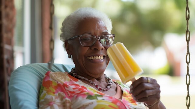 Image of a senior person smiling while eating a popsicle on a porch swing, reminiscing summer days.