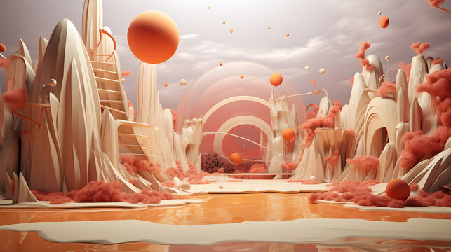 dreamlike scene with floating shapes and colors Free Photo,,
There are many balls and balls in the desert with red grass


