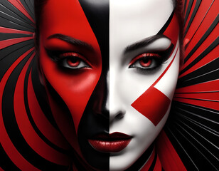 Portrait of a person with make up. High contrast red, white and black. Abstract, fashion, expressive.