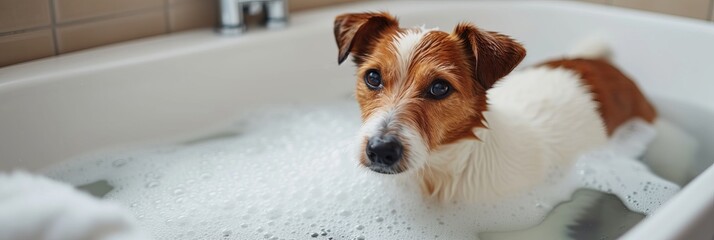 Cheerful dog in bubble bath with window view   happy canine in sudsy tub creates panorama