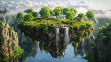 Floating fantasy island with river and waterfall with trees and green grass.