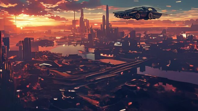 The skyline of a futuristic city with a spaceship flying by, illuminated by the setting sun, embodying advanced civilization and the theme of exploration.
