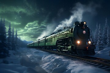 The train moves through the winter forest at night. 3d rendering