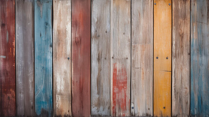 Textured background of vertical wooden planks painted in a vibrant array of colors with visible weathering and peeling.