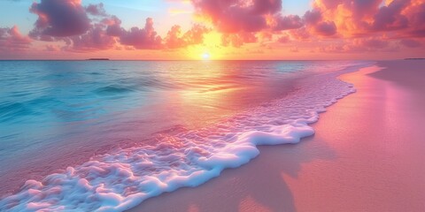 Sun Setting Over Ocean on Beach, Casting Beautiful Colors - obrazy, fototapety, plakaty