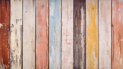 Fototapeta premium Textured background of vertical wooden planks painted in a vibrant array of colors with visible weathering and peeling.