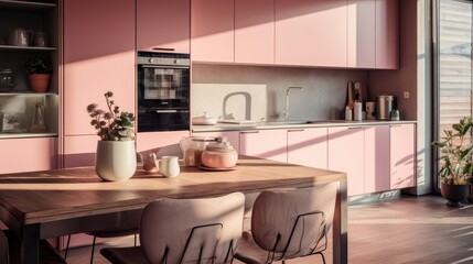 Modern kitchen in house, pink interior