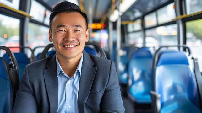 Smiling asian businessman using public transportation to reduce air pollution, going to work by bus