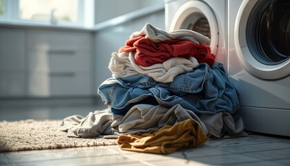 Dirty Laundry Stacked by Washing Machine