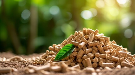 Obraz premium Biomass wood pellets pile and woodpile on blurred background, eco friendly fuel concept