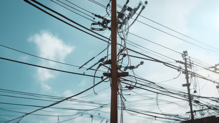  Pole with many electrical wires connected to it.