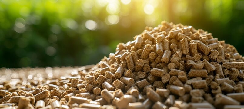 Biomass wood pellets and woodpile with blurred background, renewable energy concept