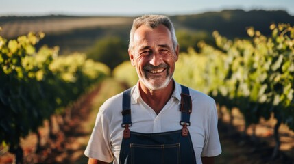 Smiling wine expert in vineyard showcasing passion for terroir