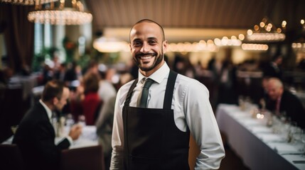 Fototapeta premium Cheerful event planner overseeing gastronomic event warm smile