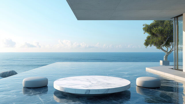 empty marble table with ocean view, product presentation