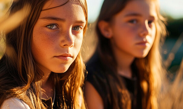 Two sisters looking at camera with introspection and serenity of youth