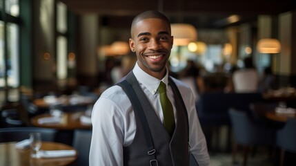 Fototapeta premium Joyful manager in well-appointed dining area committed to hospitality