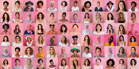  Collage of diverse multi-ethnic and mixed age of happy women on pink backgrounds
