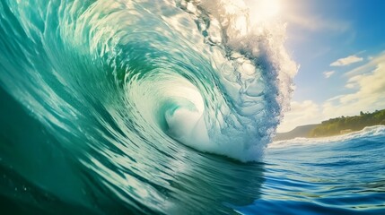 Big wave from the ocean breaking in on itself with inside view