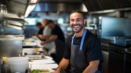 Diligent food safety inspector in spotless restaurant smiling confidently