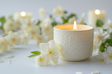 Fototapeta na wymiar white aromatherapy scented candle and flowers, wellness, zen, theraphy, nature