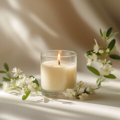 Obraz na płótnie Canvas aromatherapy scented candles and flowers, scented candle on light