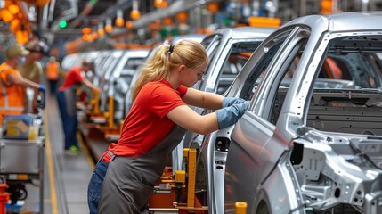 Fototapeta premium Female engineer in auto factory, technician on car assembly line in industry tech production