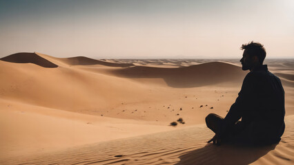 Fototapeta na wymiar a man sitting on top of a sandy dune in the desert with a sky background and a sun shining, desert
