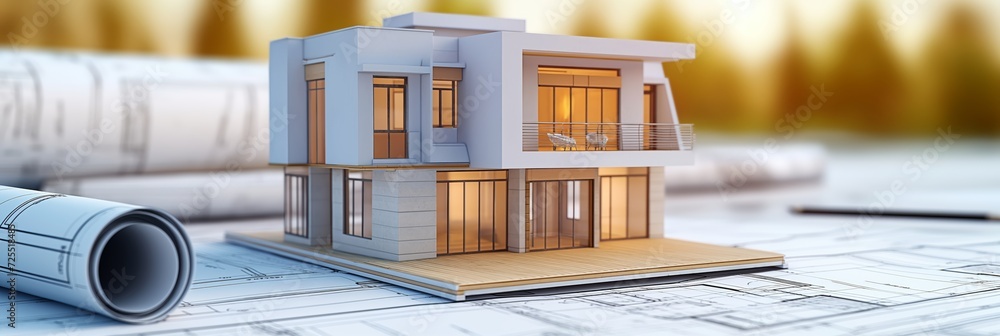 Poster 3d rendering project of new building model house on blueprint plan