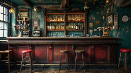 the counter bar in a cosy old english or irish pub with lots of whisky bottles in the background - obrazy, fototapety, plakaty