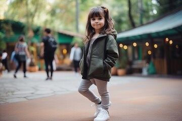 Portrait of a little girl in a green jacket and white sneakers