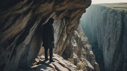 a man standing on a cliff looking out into the distance with a mountain in the background ,...