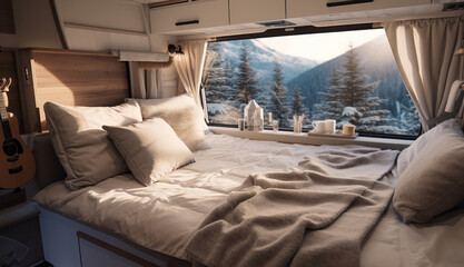 Styled Camper Van with Serene light Tones, organic Decor, ambience cozy bed. Beautiful winter forest Through wide Window. Explore Mobile Living in Captivating Home on Wheels. Auto traveling concept