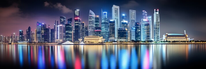 skyline with skyscraper of big city in twilight and reflection on water