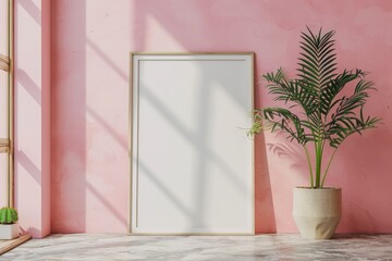 Mock up of an empty wooden poster frame on a marble floor against a pink wall. A pot with a house plant. Modern minimalist decor.