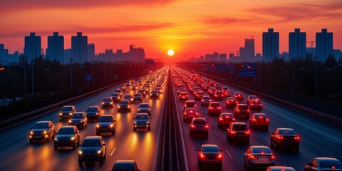 A crowded highway filled with cars and trucks at sunset, creating a massive traffic jam. - obrazy, fototapety, plakaty