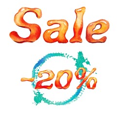 20 percent sale off orange discount logo special offer lettering. Watercolor design illustration in cartoon actual modern style isolated on white background. For poster, shop, seasonal sale, banner.