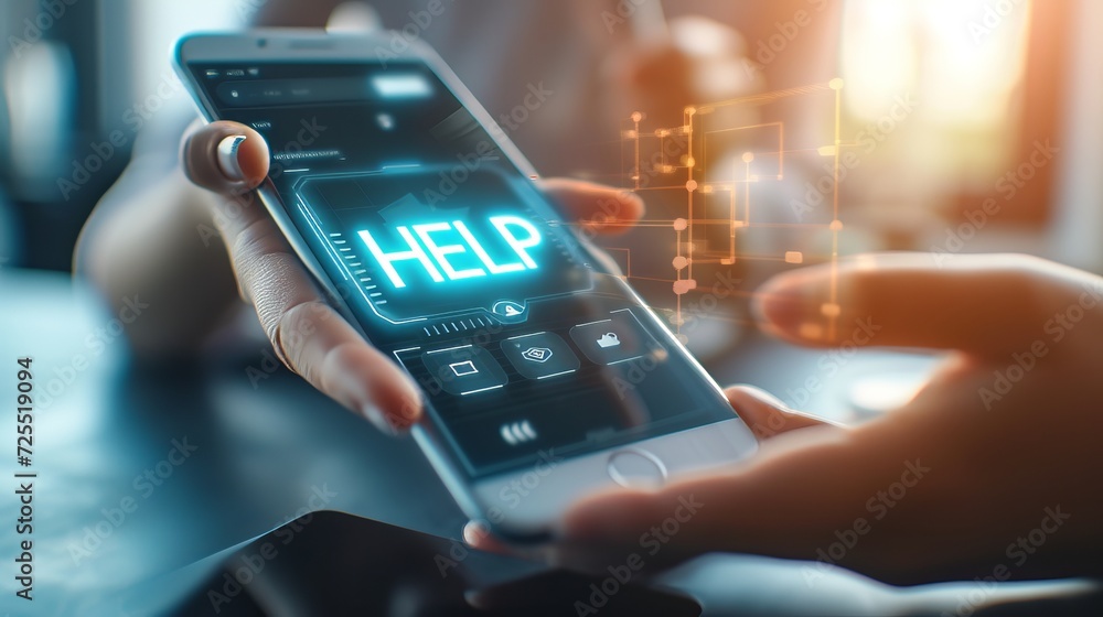 Poster interactive holographic help icon on mobile phone in hands, creating a captivating display.