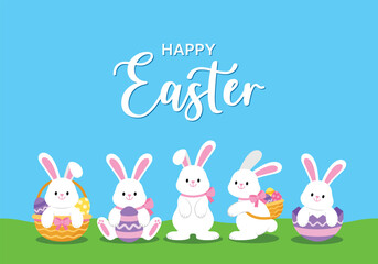Obraz na płótnie Canvas Happy Easter greeting card with cute white bunny and eggs. Rabbit character set. Animal wildlife holidays cartoon. Vector illustration EPS.