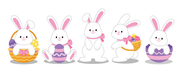 Easter bunny and eggs collection. Cute white rabbit character set. Happy seasonal holiday design elements on isolated background. Cartoon vector illustration EPS.