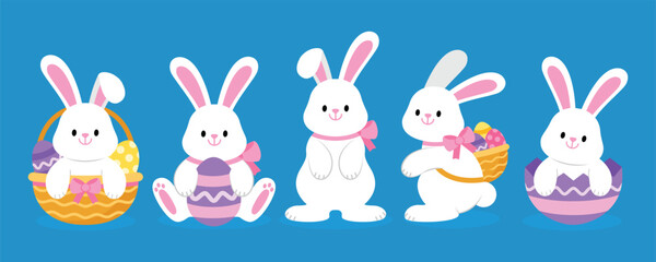 Easter bunny and eggs collection. Cute white rabbit character set. Happy seasonal holiday design elements on isolated background. Cartoon vector illustration EPS.