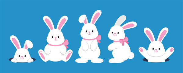 Obraz premium Cute white rabbits in various poses. bunny animal icon isolated on background. For Moon Festival, Chinese Lunar New Year, Easter day decoration. Cartoon vector illustration set.