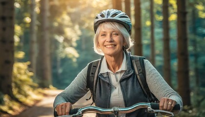 Seniorka jadąca na rowerze przez las - obrazy, fototapety, plakaty
