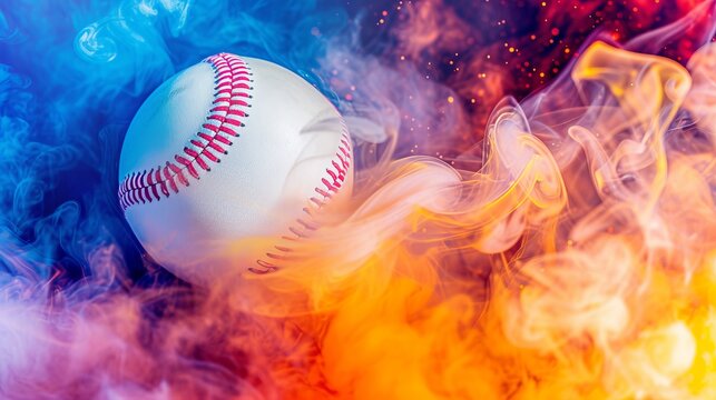 Vibrant colorful smoke billowing around baseball ball on isolated black background